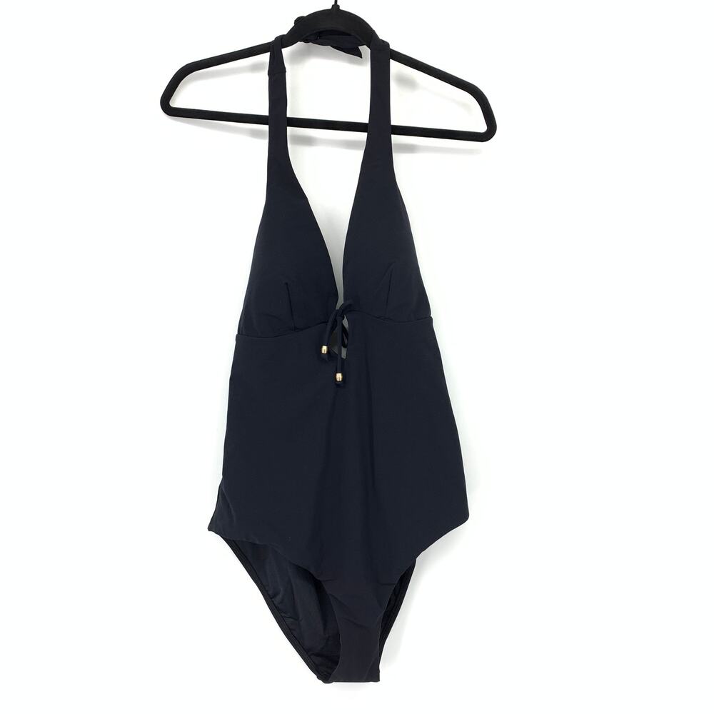 JETS Australia Keyhole Tie Front Halter Neck One Piece Swimsuit Black US Sz 12